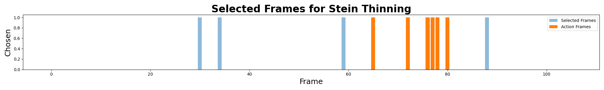 Plot shows Stein Thinning selecting 5 action frames.
